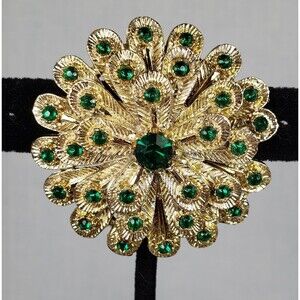 Vintage Gold Tone Flower W/ Green Rhinestones On Cascading Petals 1-3/4" Brooch